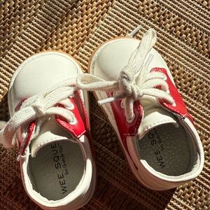 Wee Squeak Red and White Baby Walker Shoes